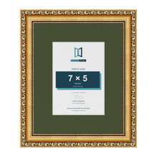 Louis Gold 11 x 9 inch picture frame with a green mount for a 7 x 5 inch photo