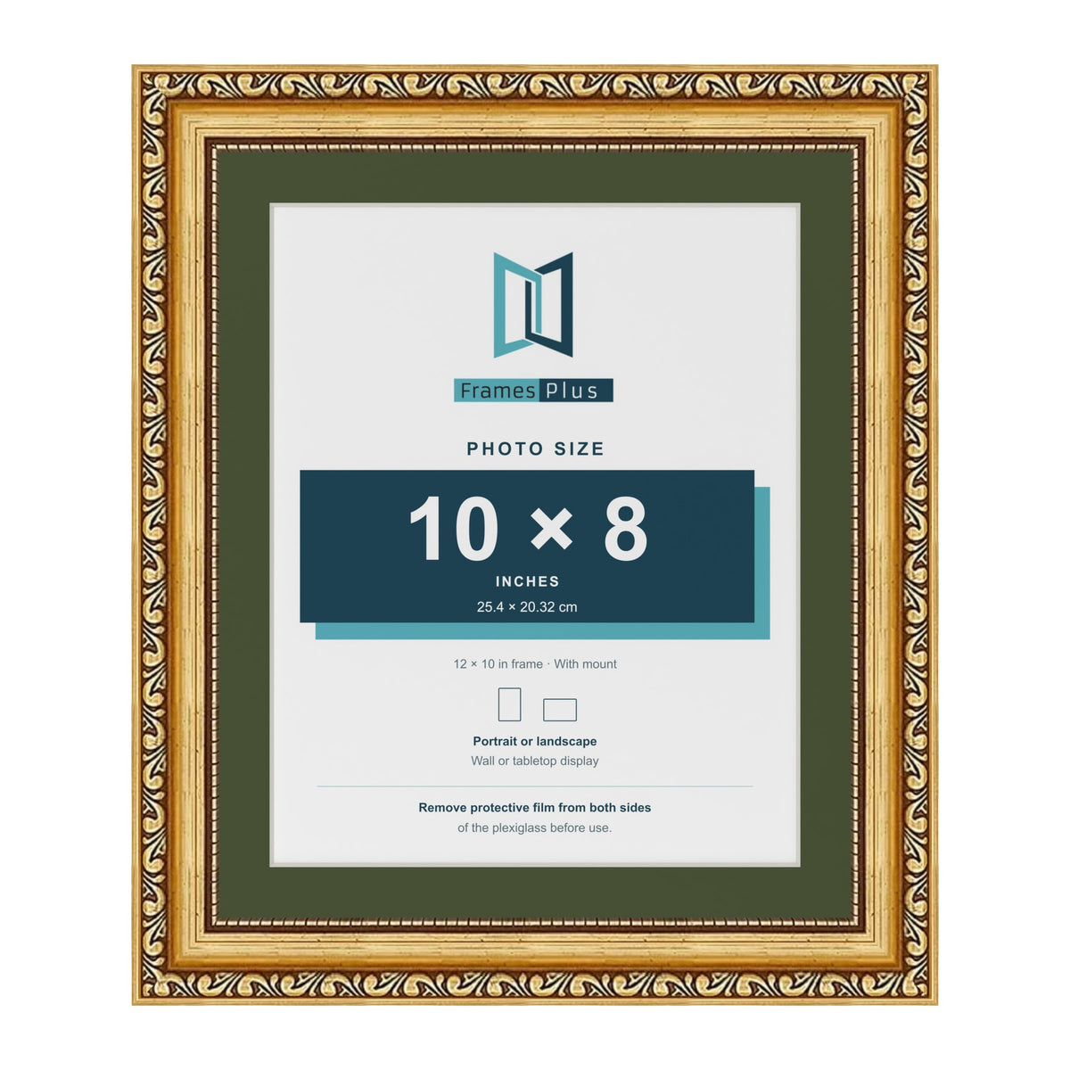 Louis Gold 12 x 10 inch picture frame with a green mount for a 10 x 8 inch photo