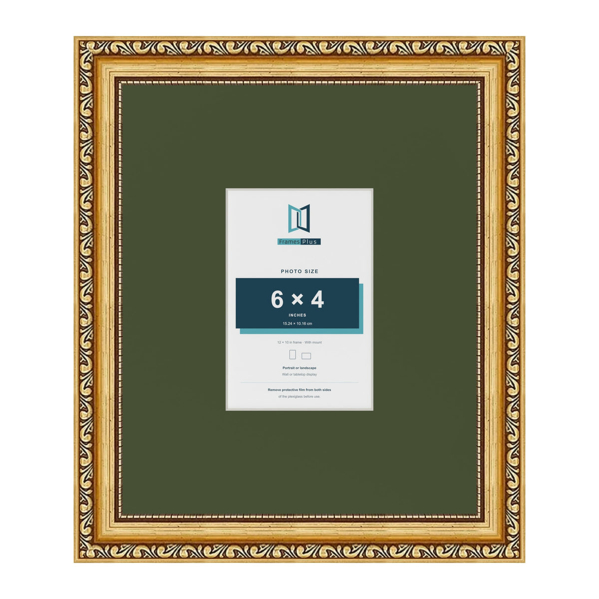 Louis Gold 12 x 10 inch picture frame with a green mount for a 6 x 4 inch photo