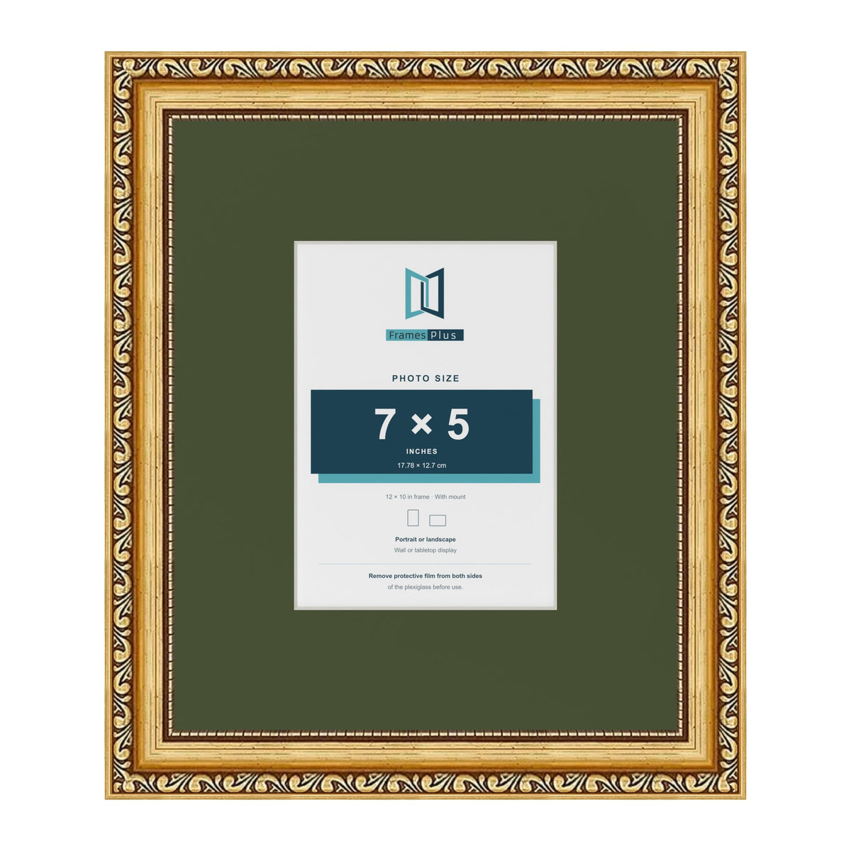 Louis Gold 12 x 10 inch picture frame with a green mount for a 7 x 5 inch photo