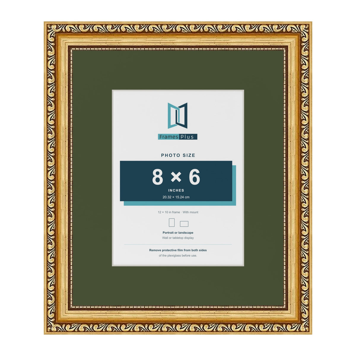 Louis Gold 12 x 10 inch picture frame with a green mount for an 8 x 6 inch photo