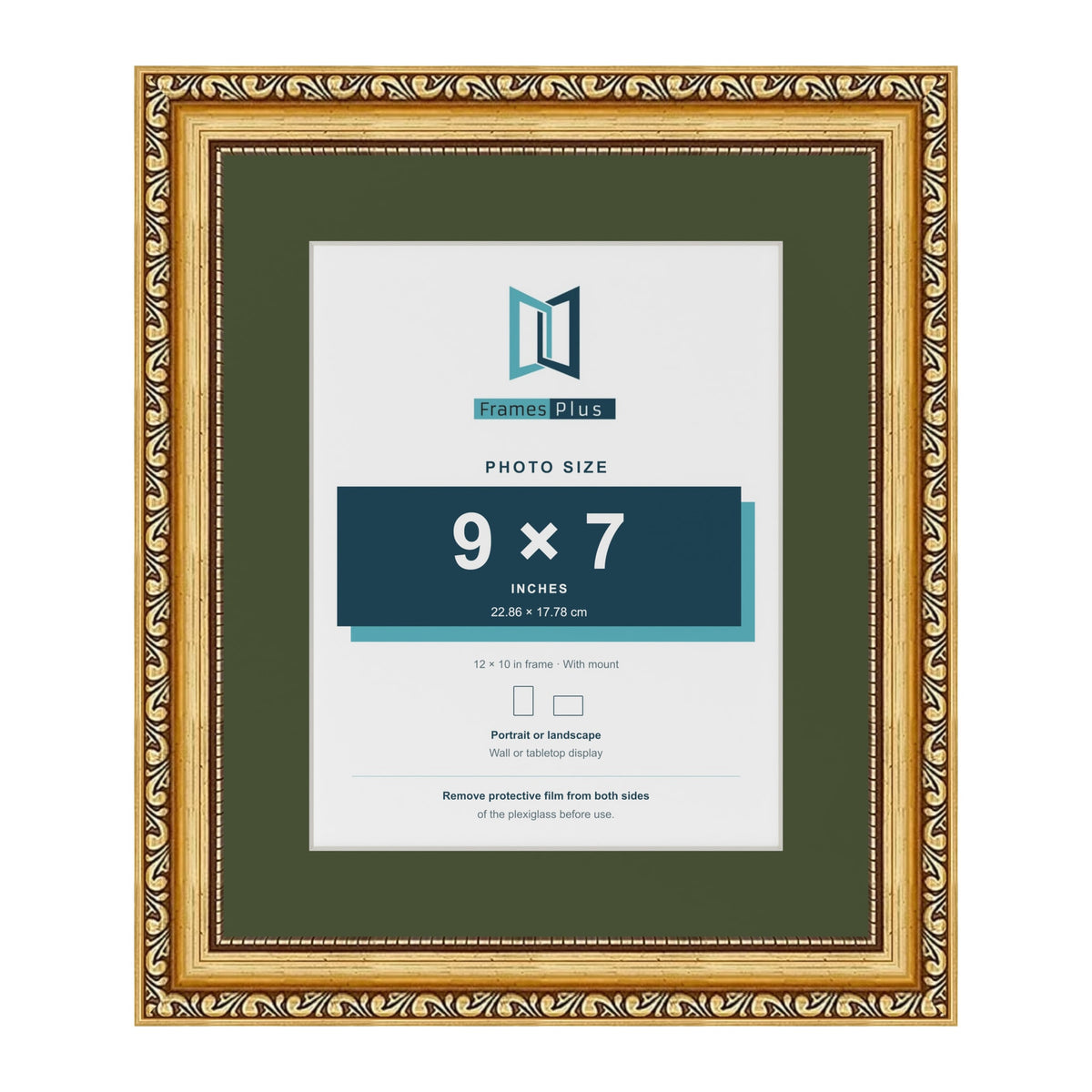 Louis Gold 12 x 10 inch picture frame with a green mount for a 9 x 7 inch photo