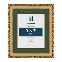 Louis Gold 12 x 10 inch picture frame with a green mount for a 9 x 7 inch photo
