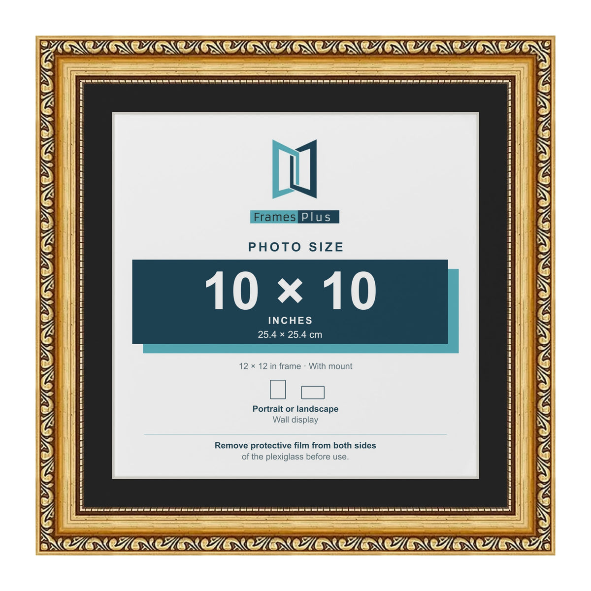 Louis Gold 12 x 12 inch picture frame with a black mount for a 10 x 10 inch photo