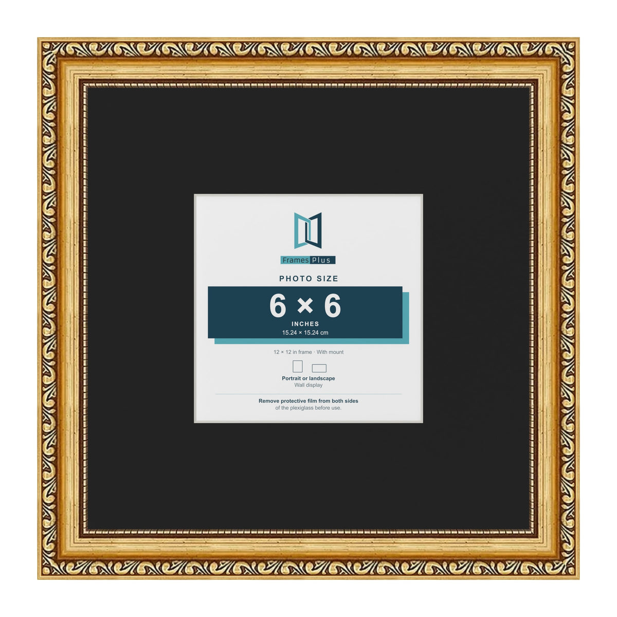 Louis Gold 12 x 12 inch picture frame with a black mount for a 6 x 6 inch photo