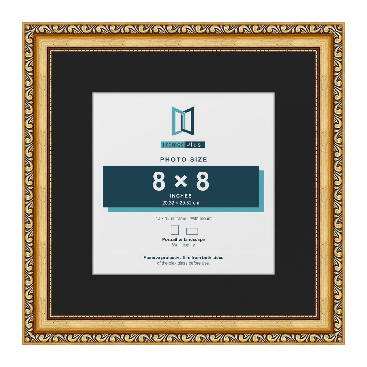 Louis Gold 12 x 12 inch picture frame with a black mount for an 8 x 8 inch photo