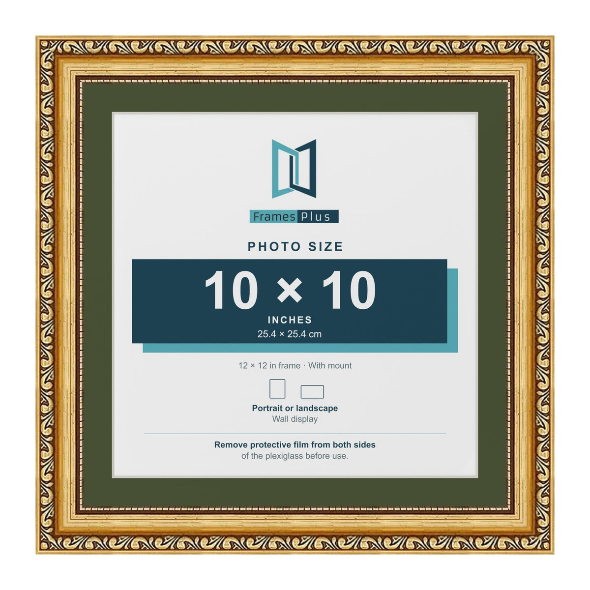 Louis Gold 12 x 12 inch picture frame with a green mount for a 10 x 10 inch photo