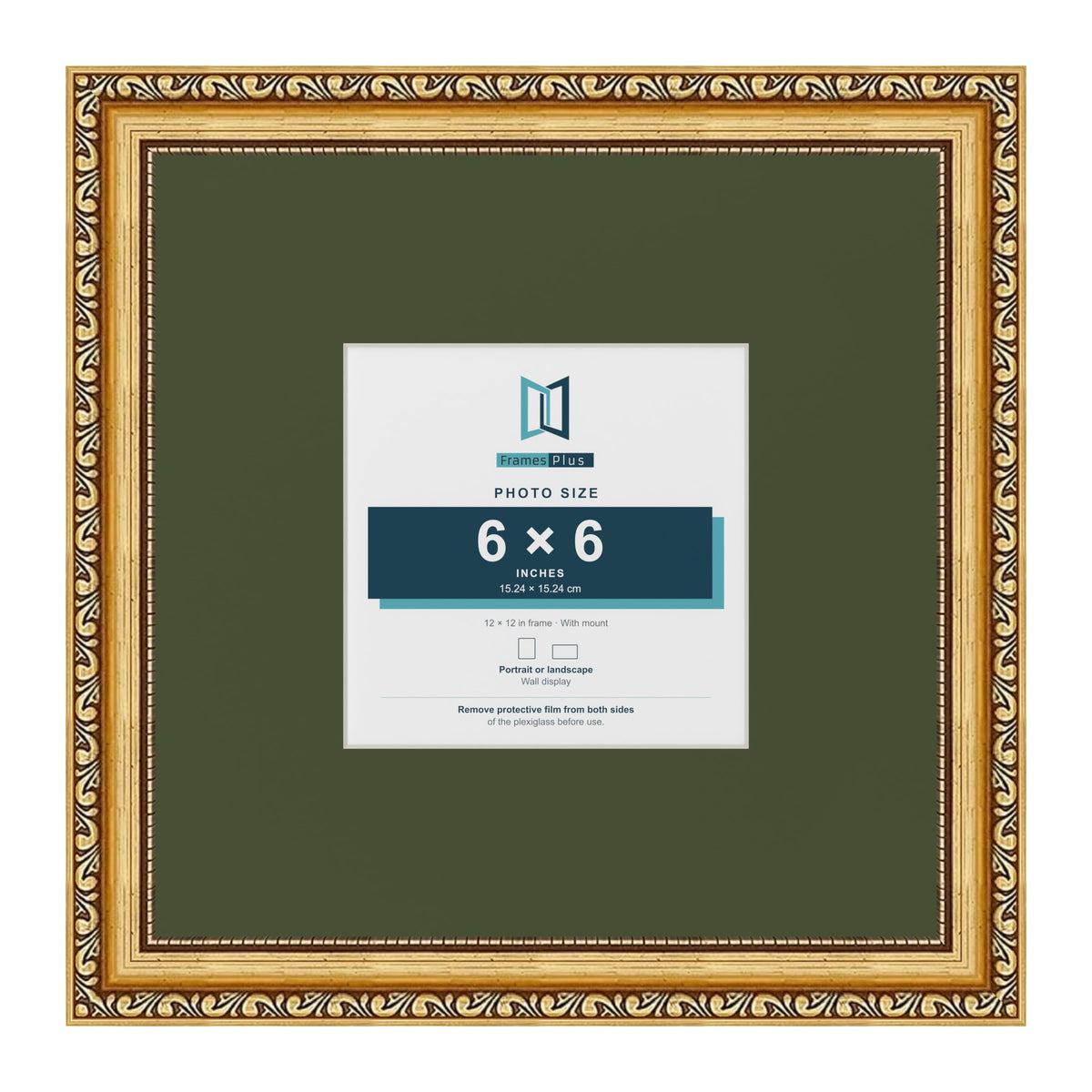 Louis Gold 12 x 12 inch picture frame with a green mount for a 6 x 6 inch photo