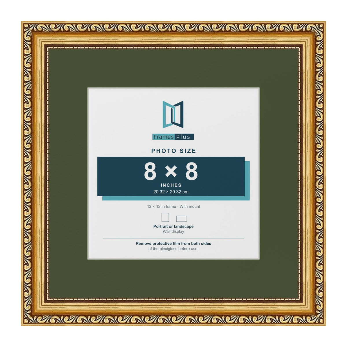 Louis Gold 12 x 12 inch picture frame with a green mount for an 8 x 8 inch photo