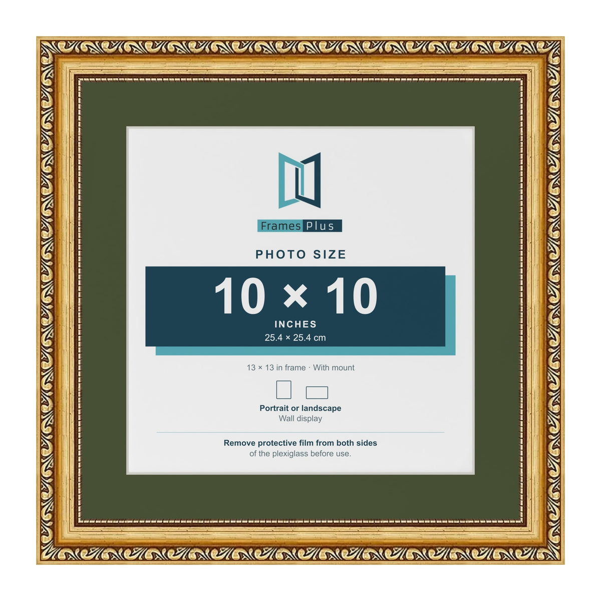 Louis Gold 13 x 13 inch picture frame with a green mount for a 10 x 10 inch photo