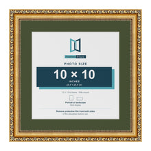 Louis Gold 13 x 13 inch picture frame with a green mount for a 10 x 10 inch photo
