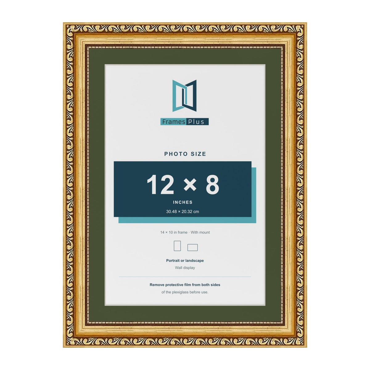 Louis Gold 14 x 10 inch picture frame with a green mount for a 12 x 8 inch photo