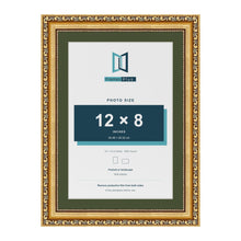 Louis Gold 14 x 10 inch picture frame with a green mount for a 12 x 8 inch photo