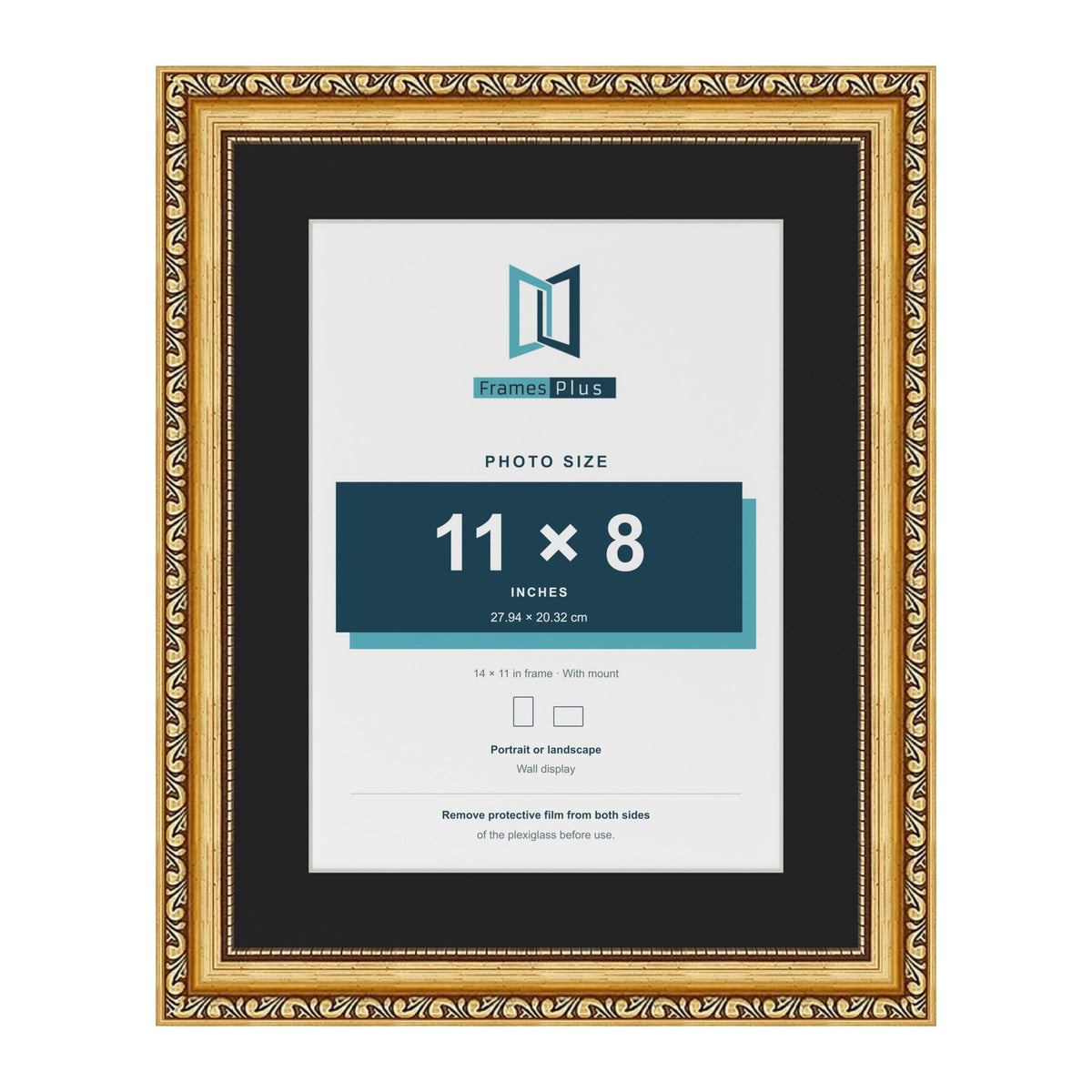 Louis Gold 14 x 11 inch picture frame with a black mount for an 11 x 8 inch photo