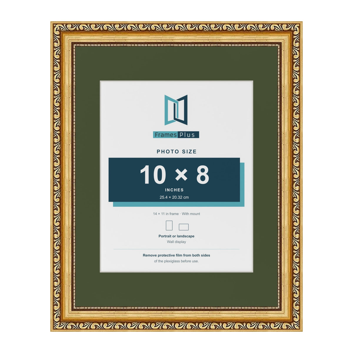 Louis Gold 14 x 11 inch picture frame with a green mount for a 10 x 8 inch photo