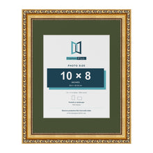 Louis Gold 14 x 11 inch picture frame with a green mount for a 10 x 8 inch photo