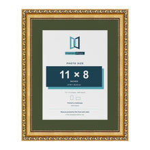 Louis Gold 14 x 11 inch picture frame with a green mount for an 11 x 8 inch photo