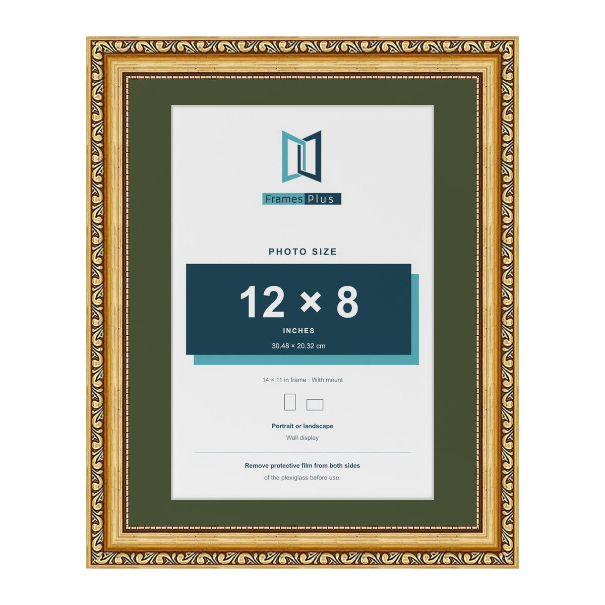 Louis Gold 14 x 11 inch picture frame with a green mount for a 12 x 8 inch photo