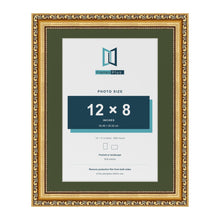 Louis Gold 14 x 11 inch picture frame with a green mount for a 12 x 8 inch photo