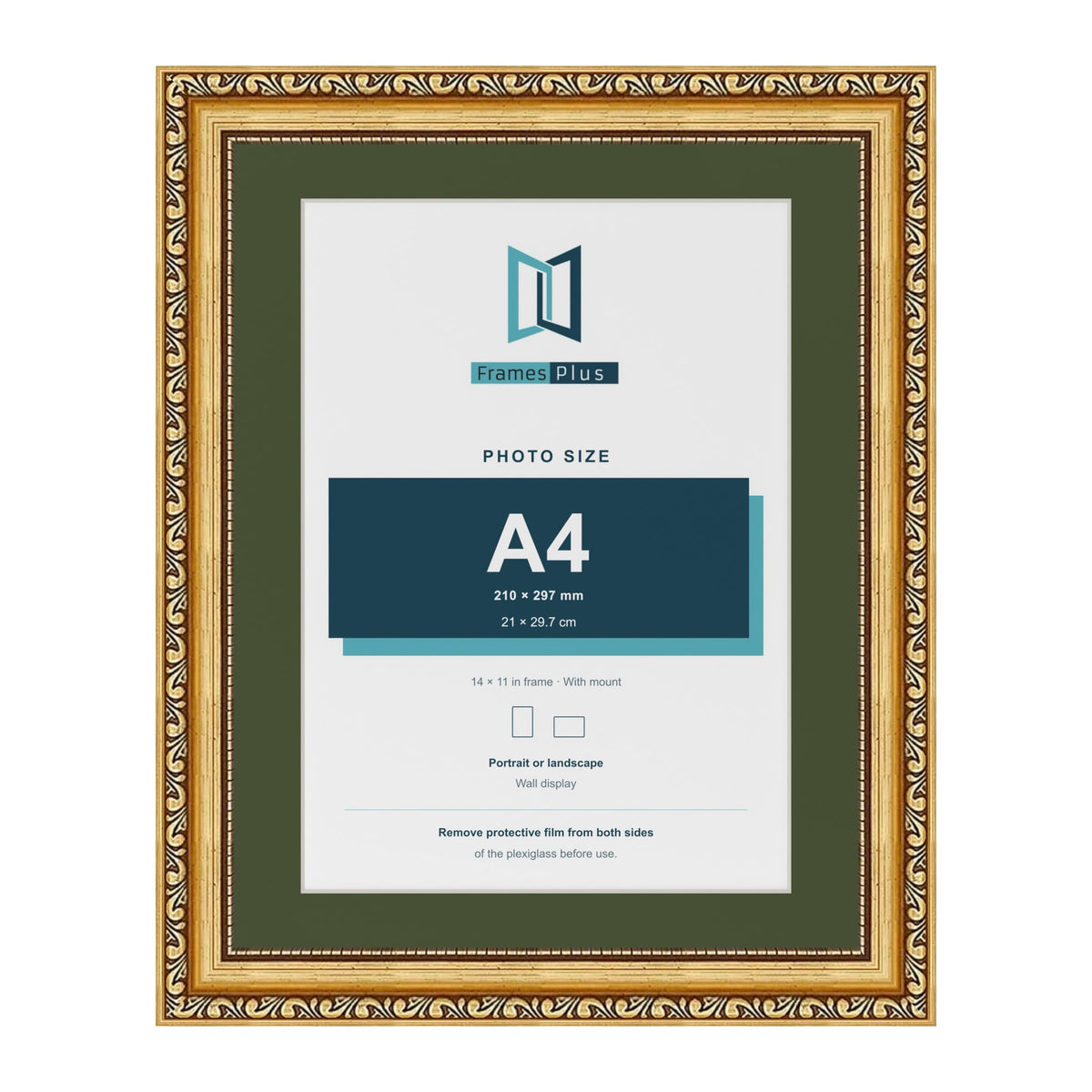 Louis Gold 14 x 11 inch picture frame with a green mount for an A4 photo