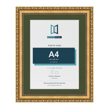 Louis Gold 14 x 11 inch picture frame with a green mount for an A4 photo