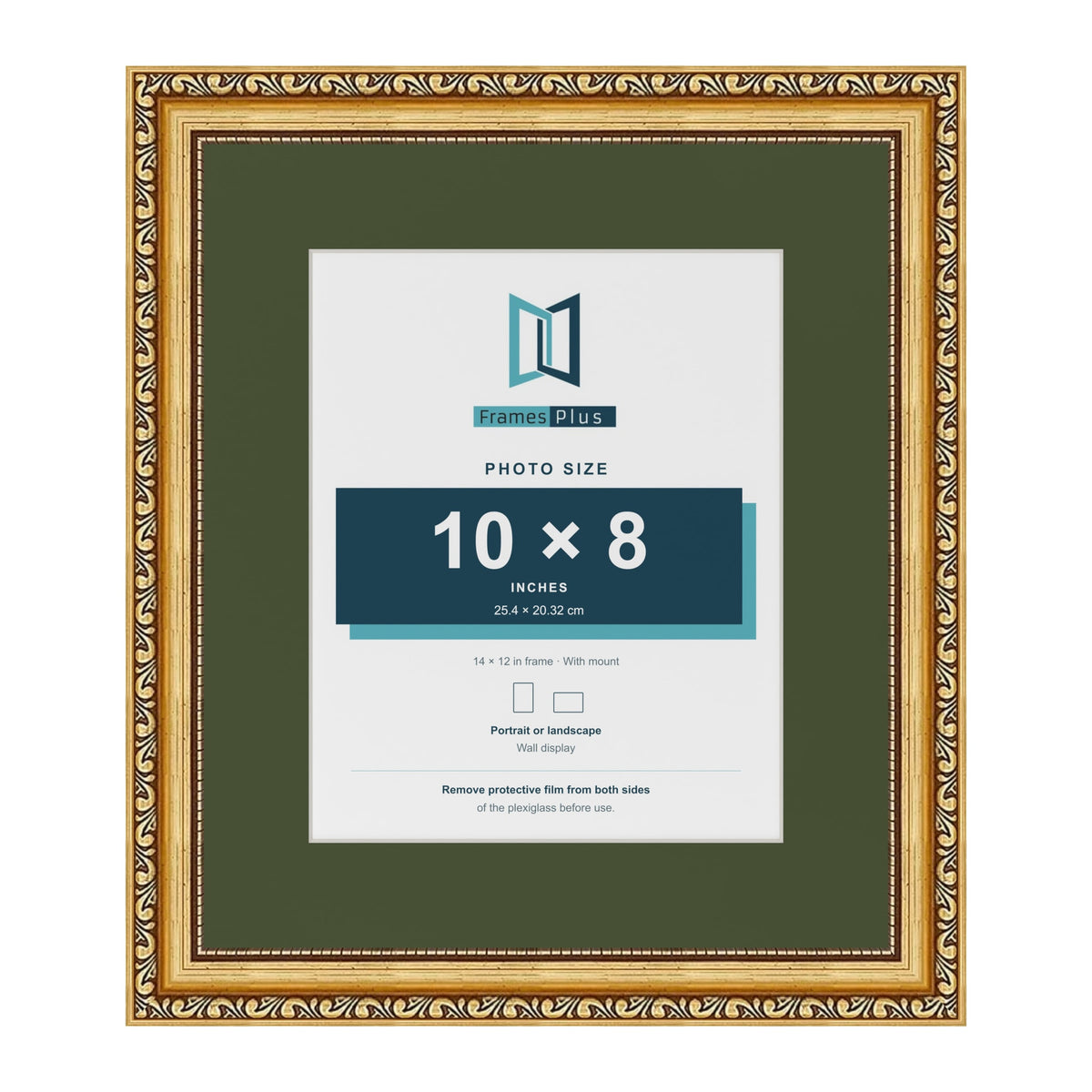 Louis Gold 14 x 12 inch picture frame with a green mount for a 10 x 8 inch photo