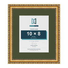 Louis Gold 14 x 12 inch picture frame with a green mount for a 10 x 8 inch photo