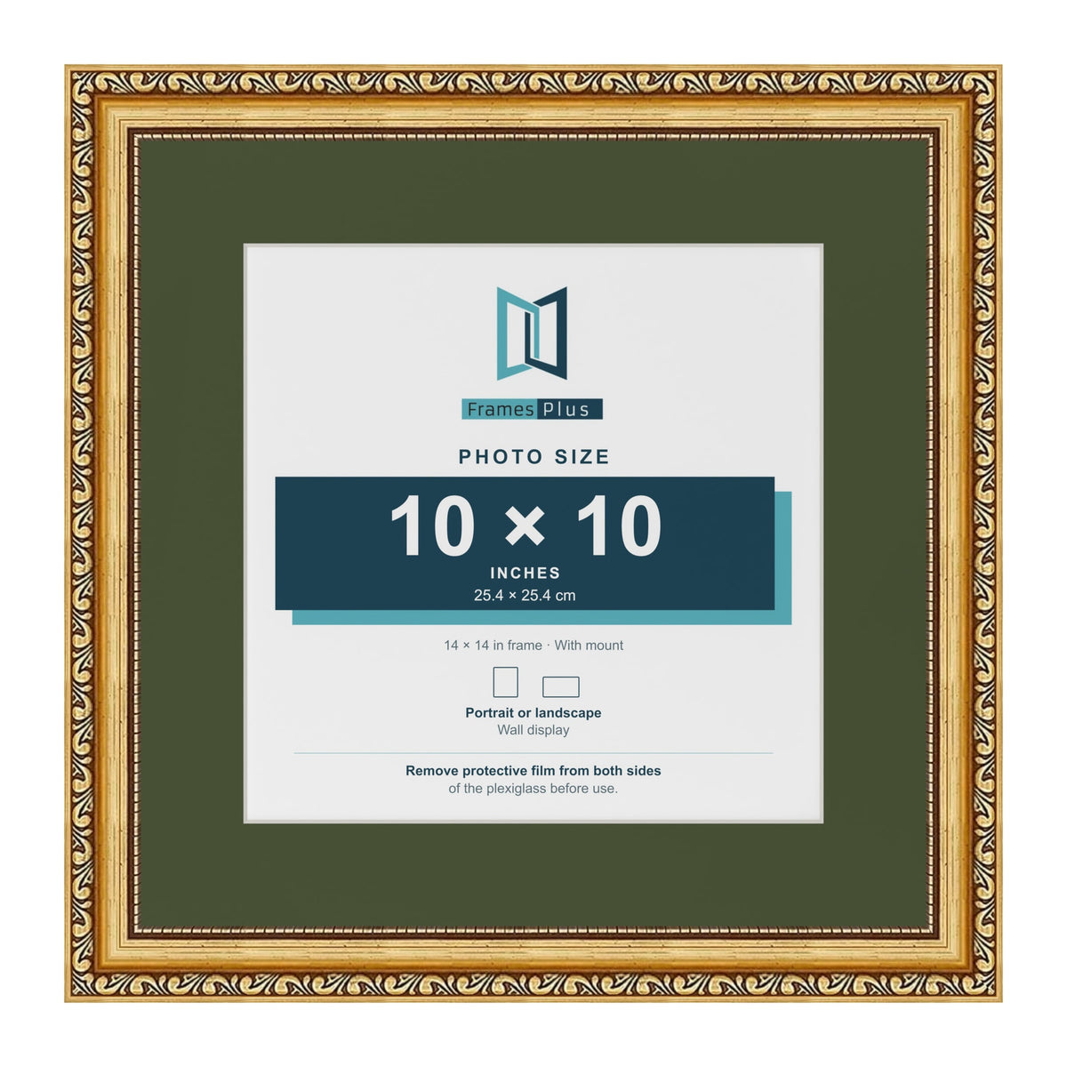 Louis Gold 14 x 14 inch picture frame with a green mount for a 10 x 10 inch photo