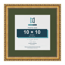 Louis Gold 14 x 14 inch picture frame with a green mount for a 10 x 10 inch photo
