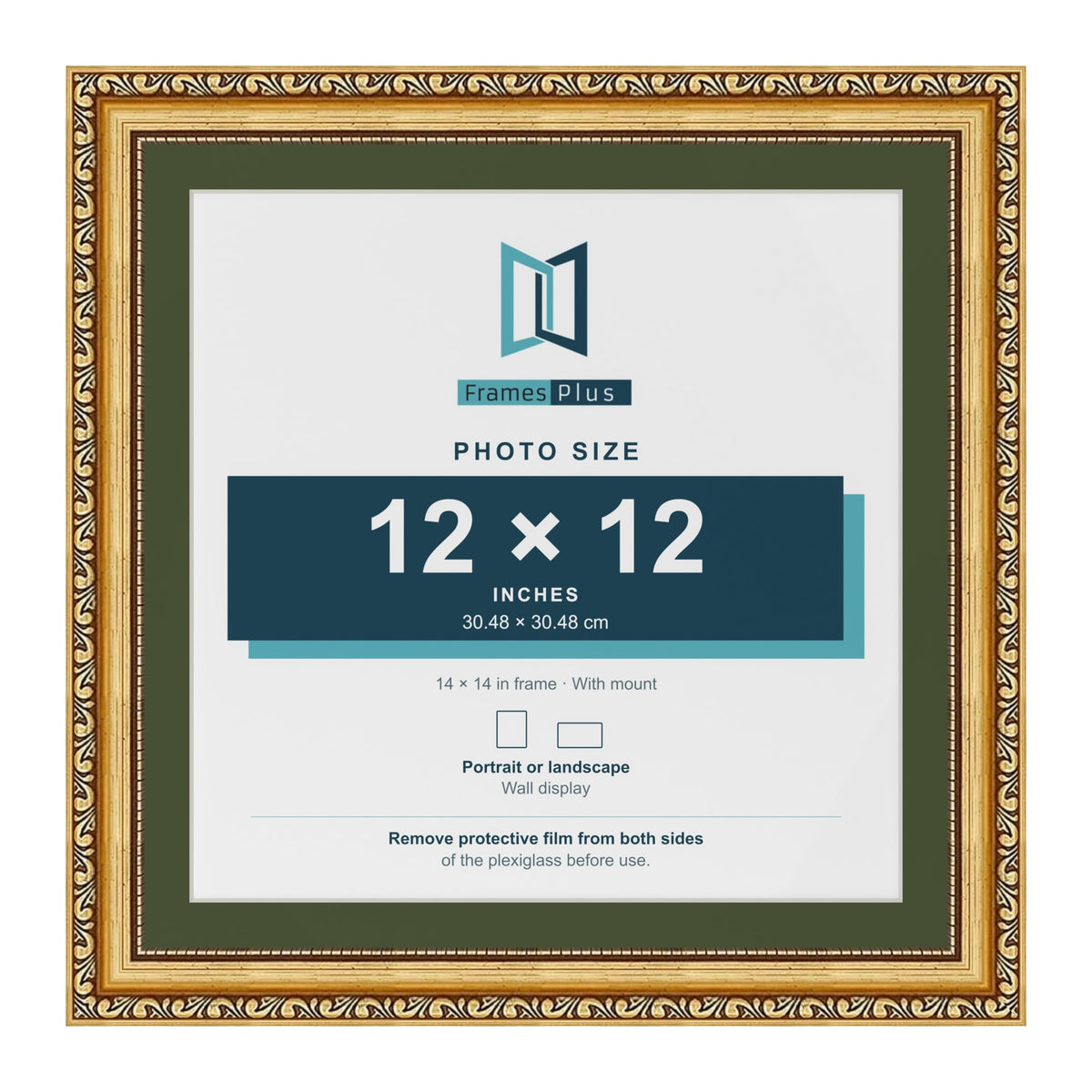 Louis Gold 14 x 14 inch picture frame with a green mount for a 12 x 12 inch photo
