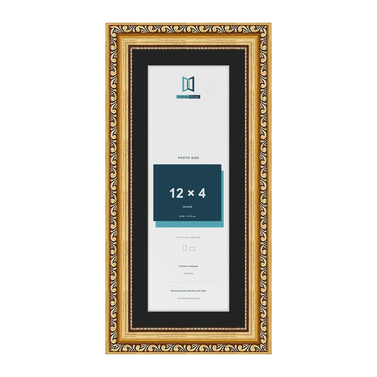 Louis Gold 14 x 6 inch picture frame with a black mount for a 12 x 4 inch photo