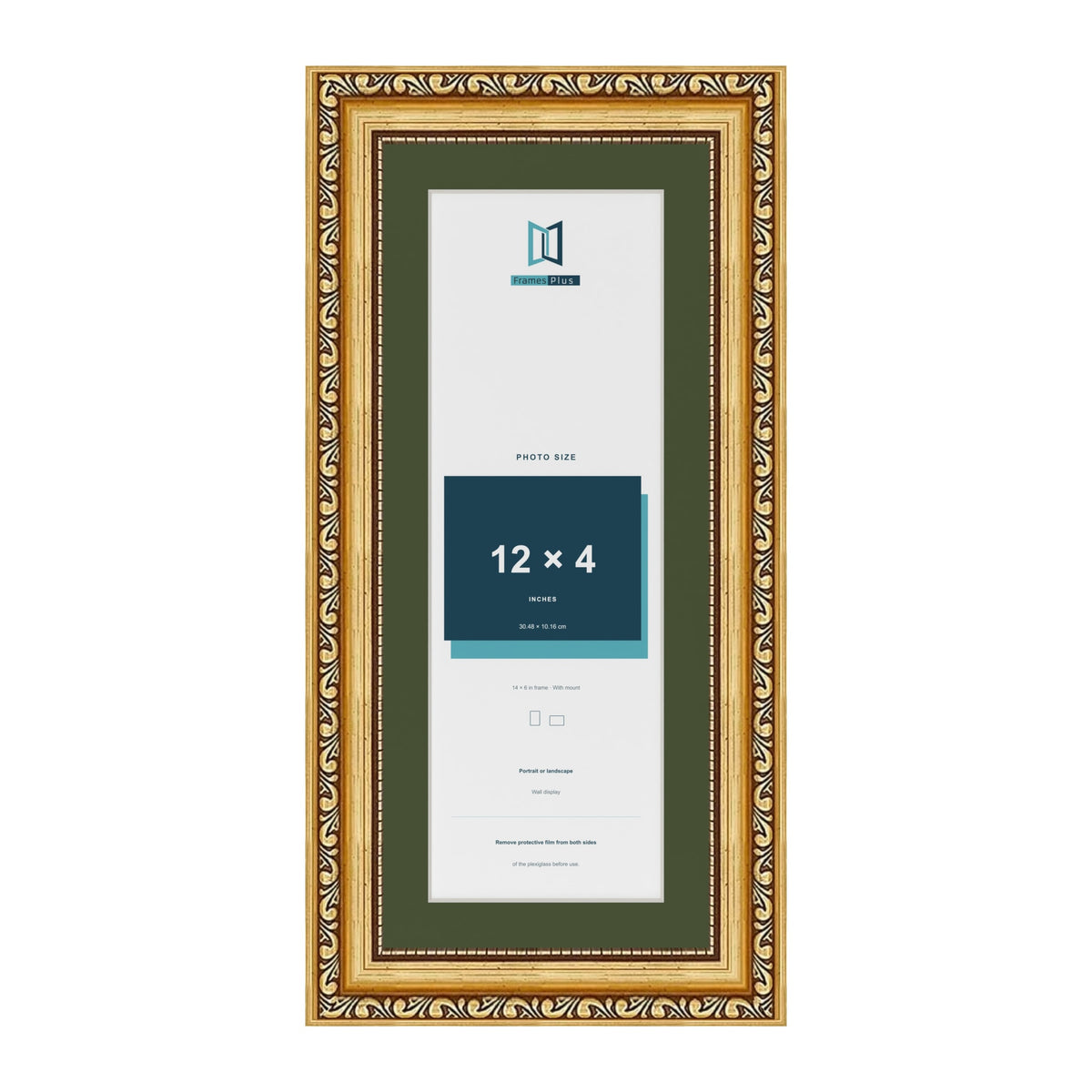 Louis Gold 14 x 6 inch picture frame with a green mount for a 12 x 4 inch photo