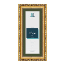 Louis Gold 14 x 6 inch picture frame with a green mount for a 12 x 4 inch photo