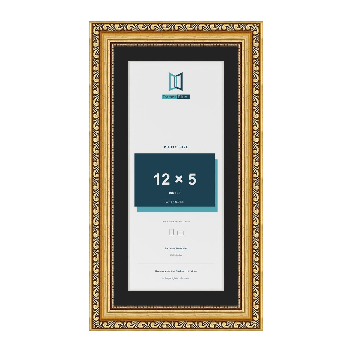 Louis Gold 14 x 7 inch picture frame with a black mount for a 12 x 5 inch photo