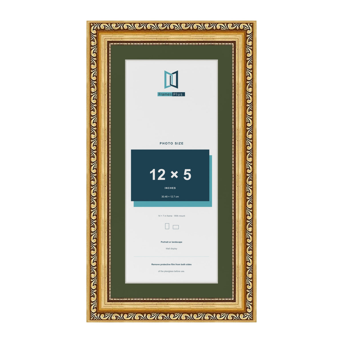 Louis Gold 14 x 7 inch picture frame with a green mount for a 12 x 5 inch photo