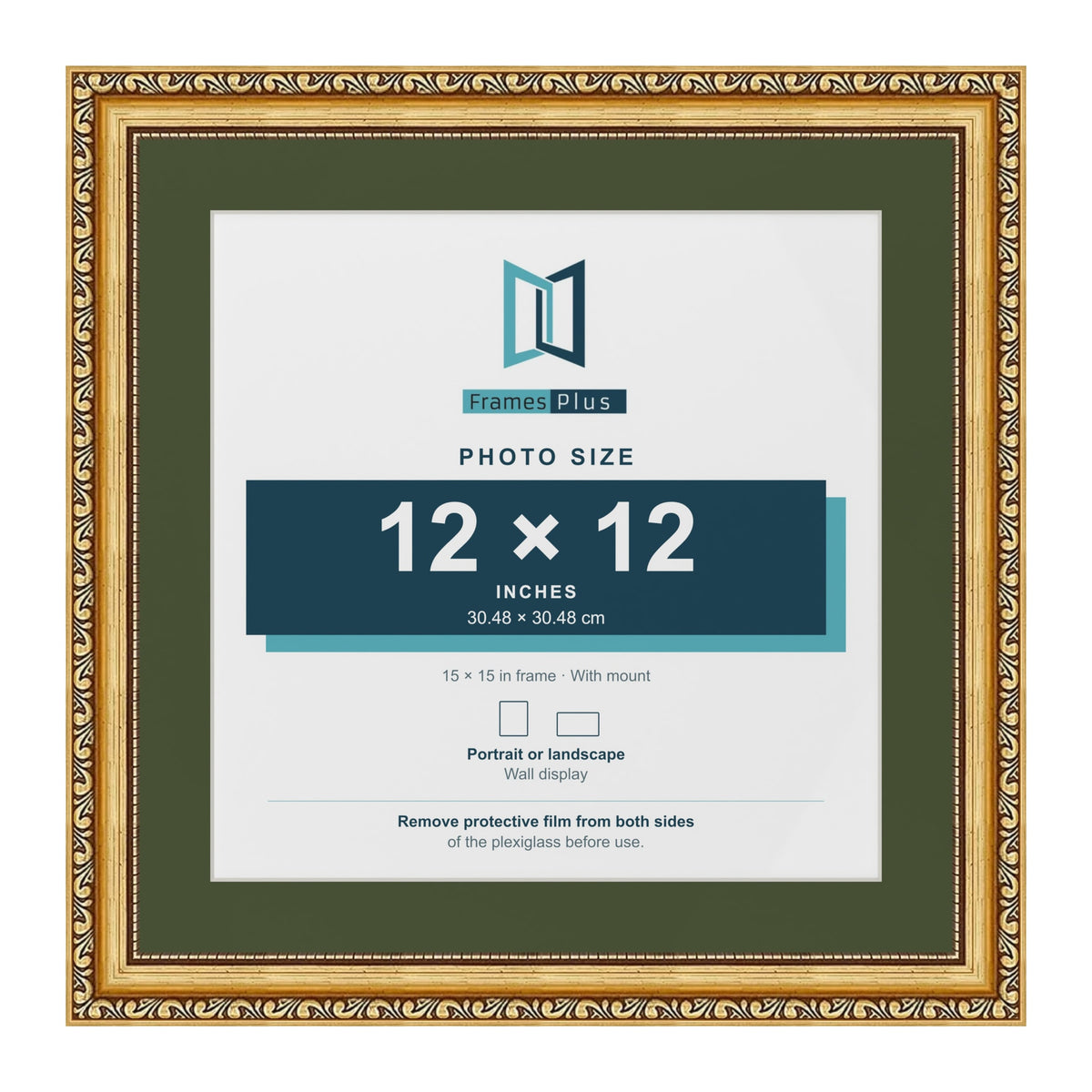 Louis Gold 15 x 15 inch picture frame with a green mount for a 12 x 12 inch photo