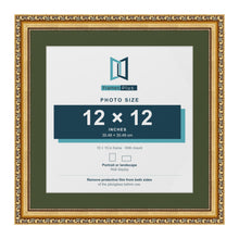 Louis Gold 15 x 15 inch picture frame with a green mount for a 12 x 12 inch photo