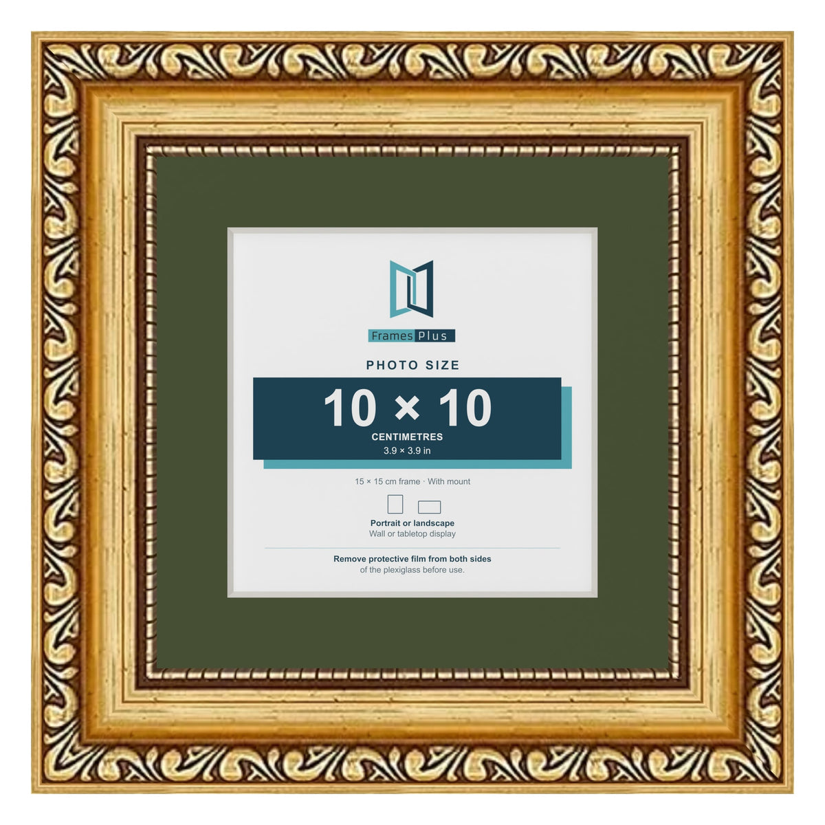 Louis Gold 15 x 15 cm picture frame with a green mount for a 10 x 10 cm photo