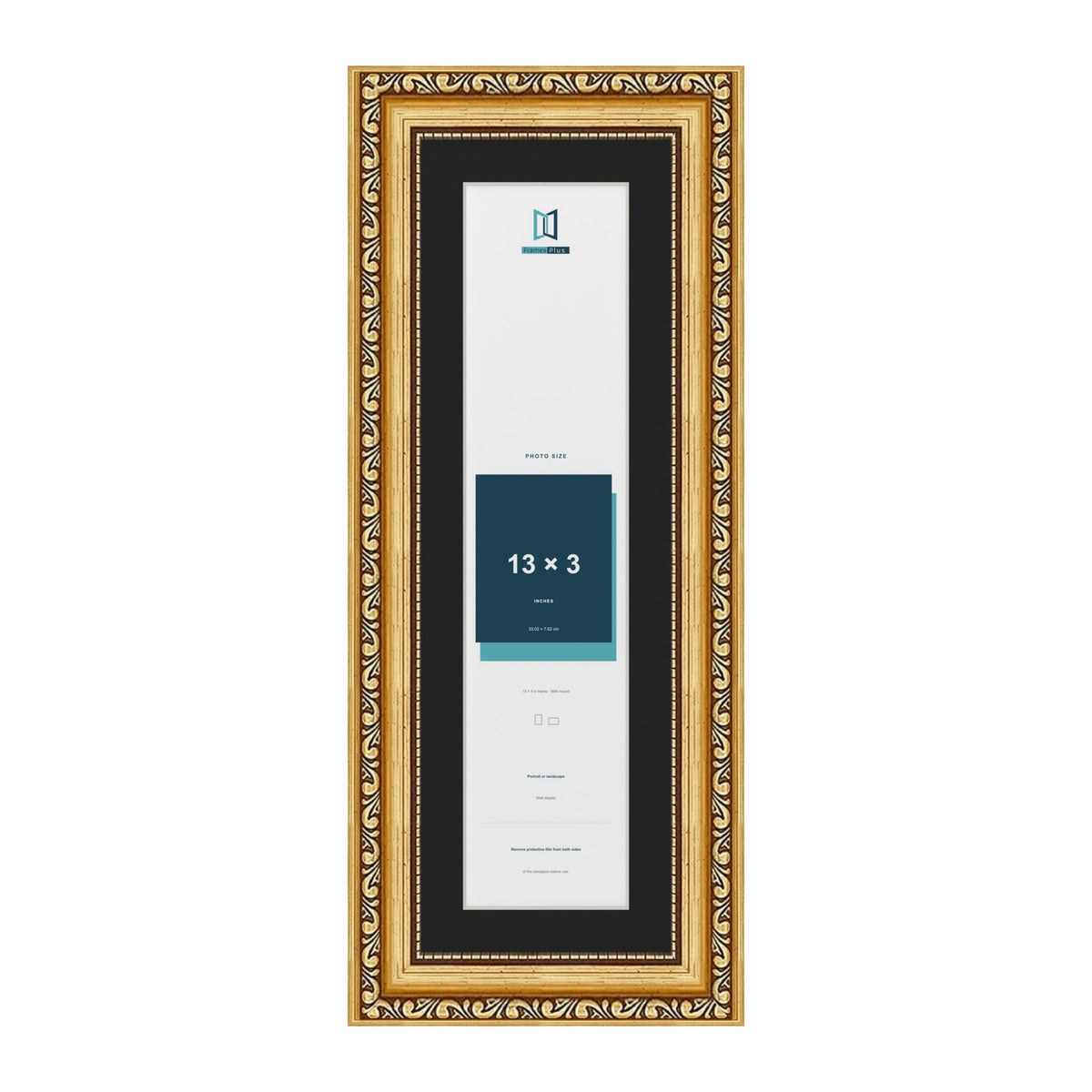 Louis Gold 15 x 5 inch picture frame with a black mount for a 13 x 3 inch photo