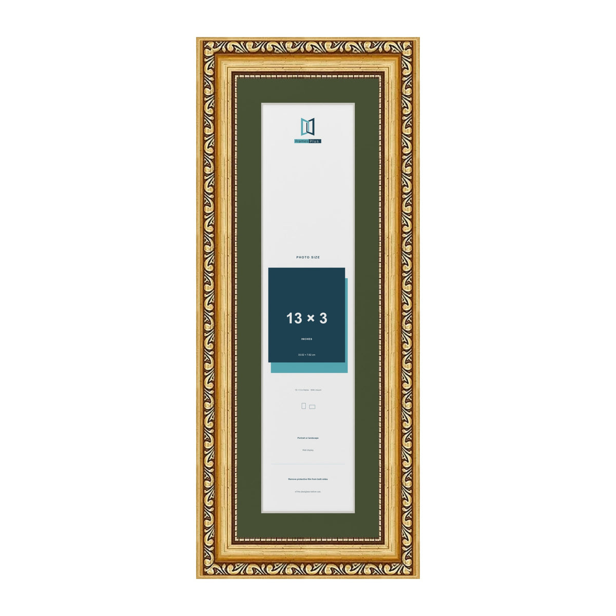 Louis Gold 15 x 5 inch picture frame with a green mount for a 13 x 3 inch photo