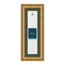 Louis Gold 15 x 5 inch picture frame with a green mount for a 13 x 3 inch photo