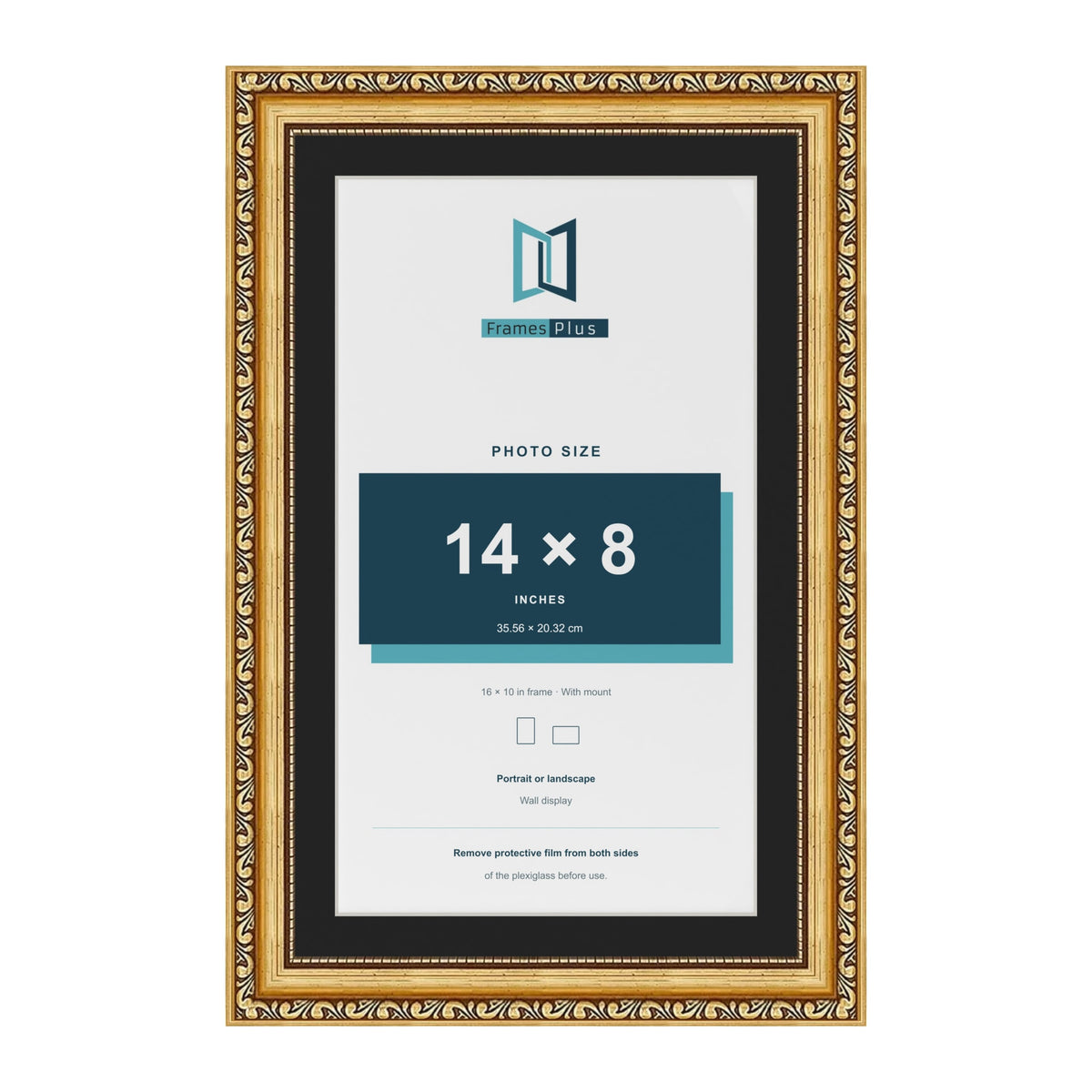 Louis Gold 16 x 10 inch picture frame with a black mount for a 14 x 8 inch photo