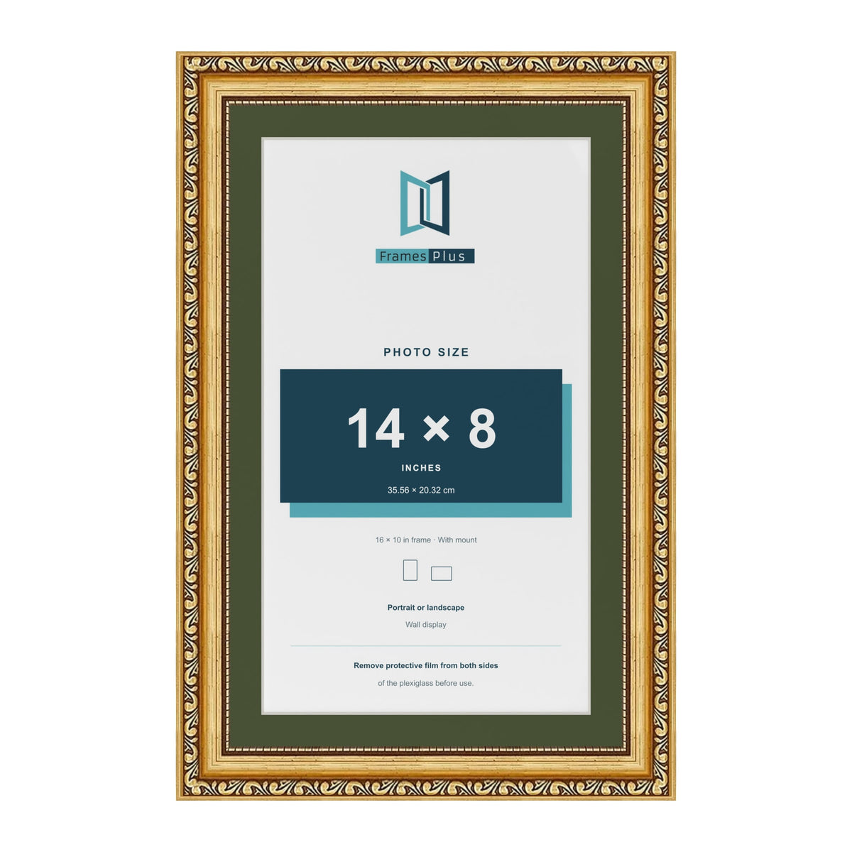 Louis Gold 16 x 10 inch picture frame with a green mount for a 14 x 8 inch photo