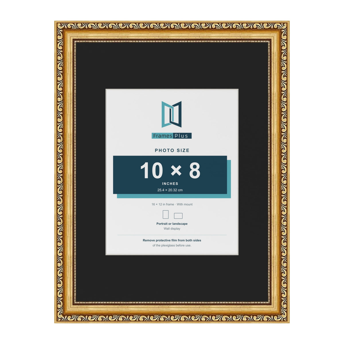Louis Gold 16 x 12 inch picture frame with a black mount for a 10 x 8 inch photo