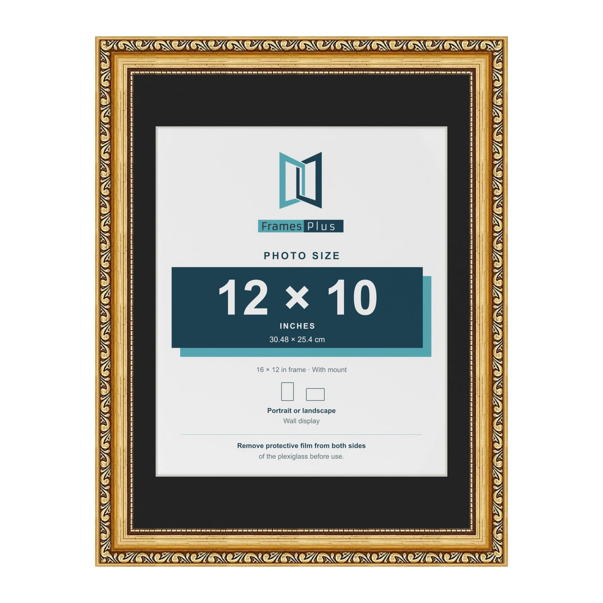 Louis Gold 16 x 12 inch picture frame with a black mount for a 12 x 10 inch photo