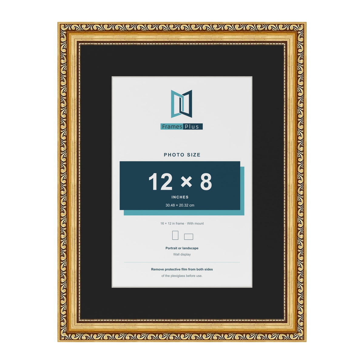 Louis Gold 16 x 12 inch picture frame with a black mount for a 12 x 8 inch photo