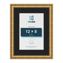 Louis Gold 16 x 12 inch picture frame with a black mount for a 12 x 8 inch photo