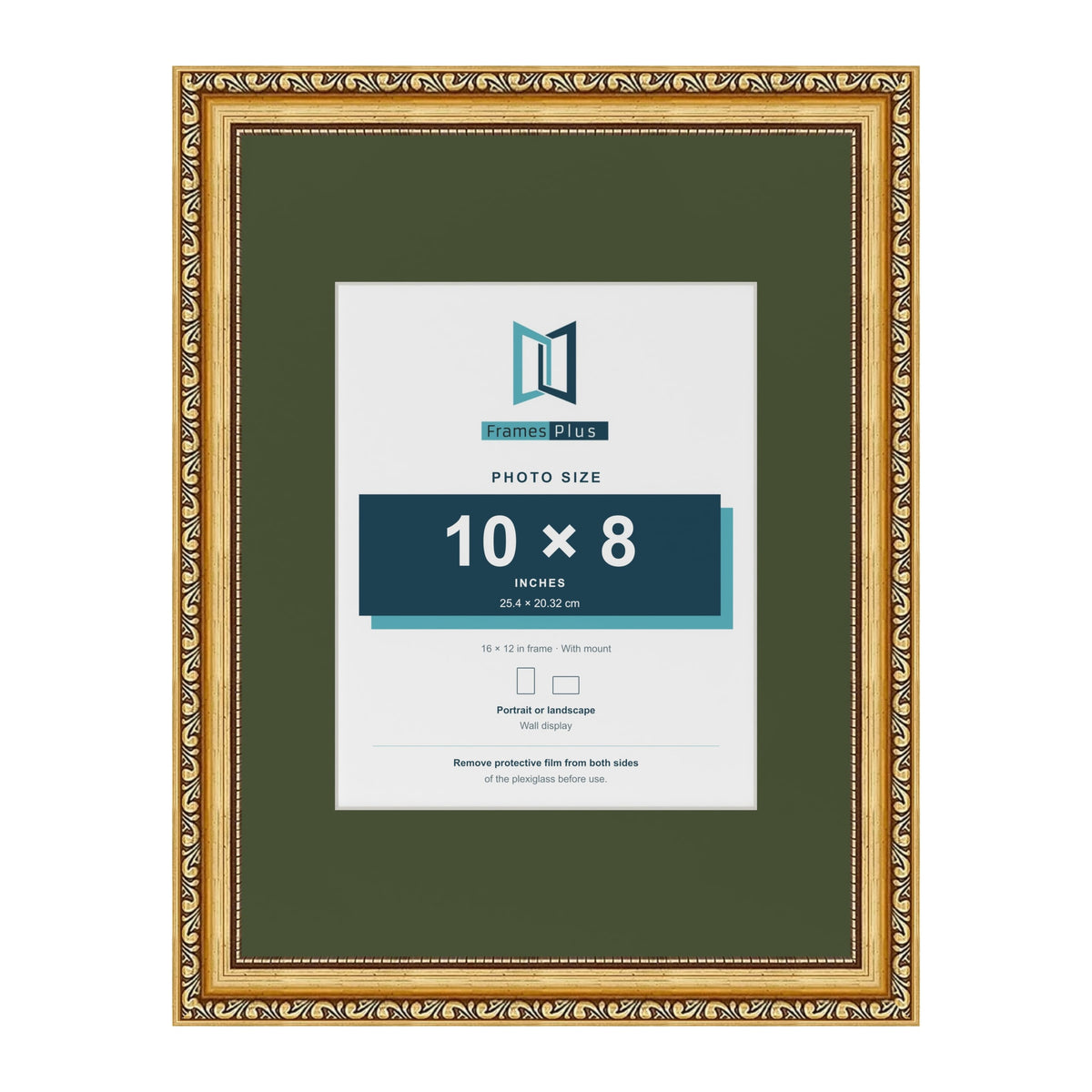 Louis Gold 16 x 12 inch picture frame with a green mount for a 10 x 8 inch photo