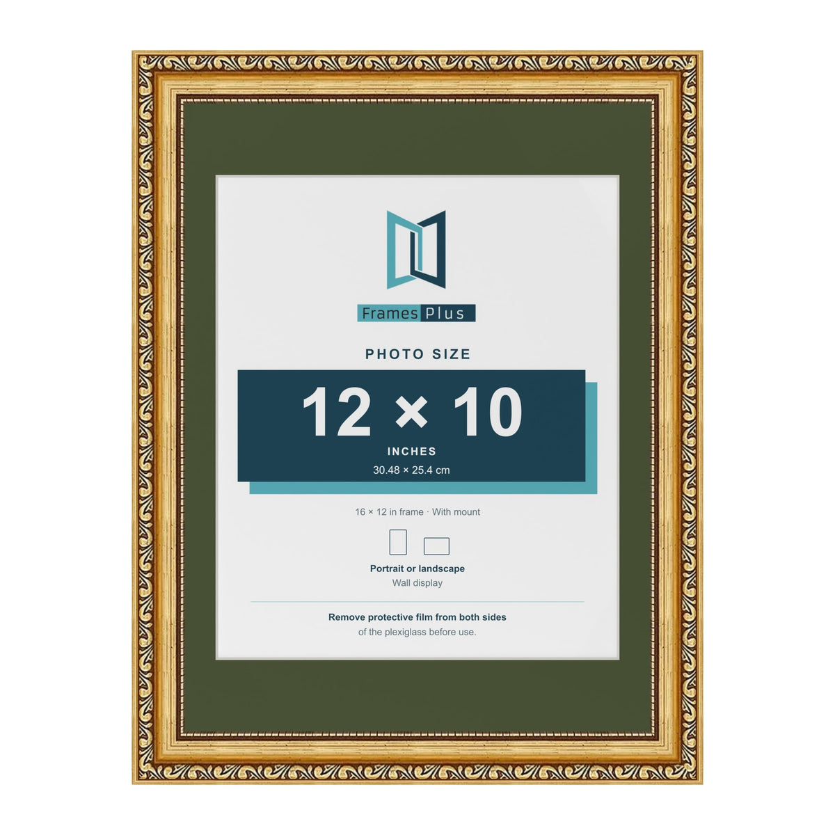 Louis Gold 16 x 12 inch picture frame with a green mount for a 12 x 10 inch photo