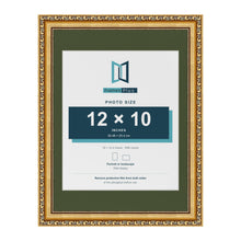 Louis Gold 16 x 12 inch picture frame with a green mount for a 12 x 10 inch photo